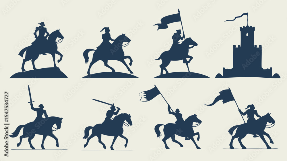 Fototapeta premium Medieval Knight Silhouettes Set Horseback Warrior with Flag Sword and Castle Icons