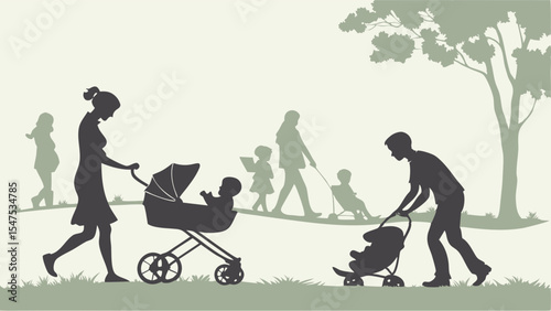 Family walking in park silhouette. Parents with baby strollers and children outdoors lifestyle.