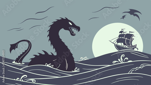 Kraken Sea Monster Attacking Sailing Ship in Dark Ocean Fantasy Illustration Art