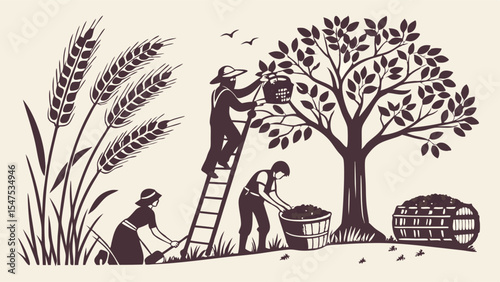 Vintage illustration of rural harvest with farm workers picking fruit and gathering wheat.