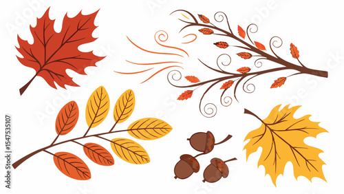 A vibrant collection of colorful autumn leaves, including maple and oak, perfect for fall nature designs
