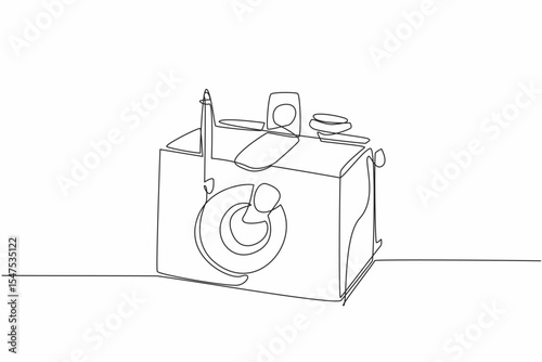 Single one line drawing pinhole camera made of wood. A simple camera that does not have lens. Shooting using negative paper. World Pinhole Photography Day. Continuous line design graphic illustration