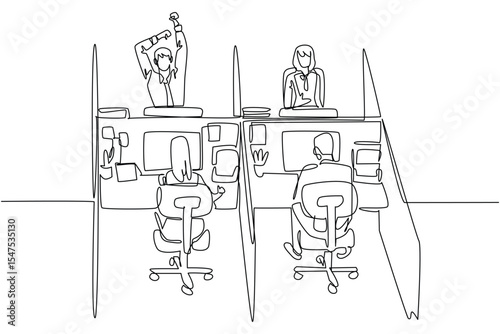 Single continuous line drawing two female and two male employees work at their respective workstations. Busy morning for workers. Responsible. National Cubicle Day. One line design vector illustration