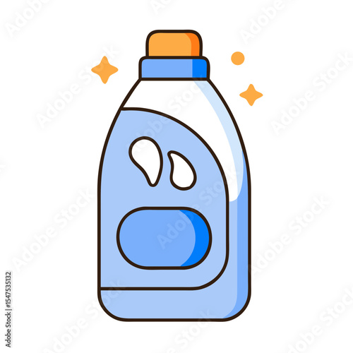 Laundry detergent bottle, bright blue plastic container with orange cap, cleaning product packaging design.  This bottle of detergent is perfect for showcasing your brand identity on product labels,