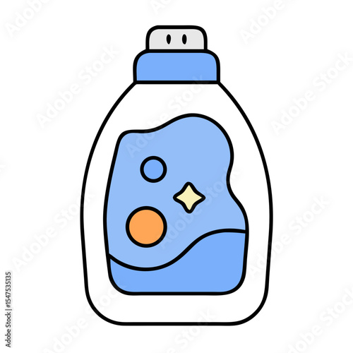Laundry detergent bottle with blue liquid and cleaning symbols. Bottle of detergent shows cleaning power and freshness.