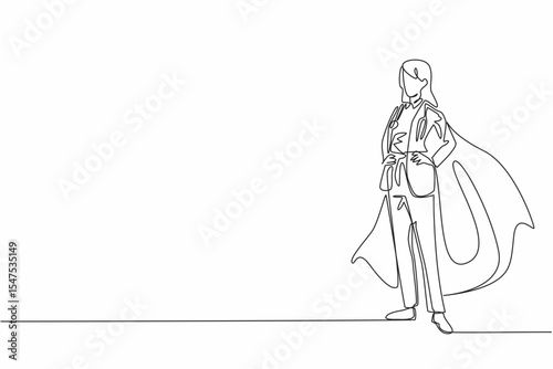 Single continuous line drawing female doctor standing wearing robe and wings. Professional workers who seem to work all the time. Tireless. National Superhero Day. One line design vector illustration