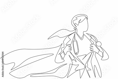Continuous one line drawing female doctor wearing robe and wings. Pose ready whenever needed. A true hero. Professional. Metaphor. National Superhero Day. Single line draw design vector illustration