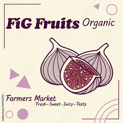 Vintage Style Poster Featuring Three Figs One Sliced Open Showing Red Interior Against Beige Background with Purple