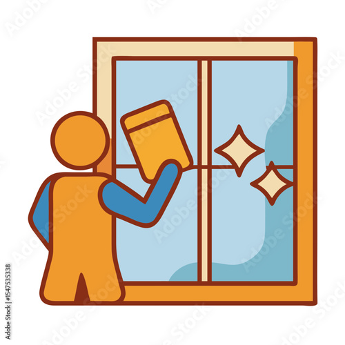Cleaner wiping window illustrates cleanliness, depicting person with sponge at work. Cleaner wiping window with bright illustration shows action. Commercial cleaner wiping window represents housework,