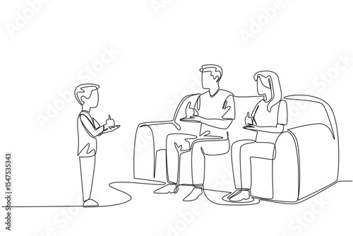 Single one line drawing boy standing in front of father and mother who are sitting. Learning sign language. A language full of love. Mother Father Deaf Day. Continuous line design graphic illustration