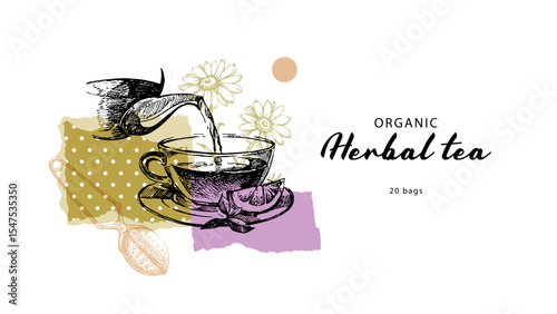 Herbal tea collage banner with vintage teapot, cup and chamomile flowers. Natural eco product. Hand drawn vector illustration.