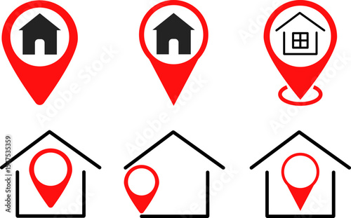 Home location icon set.  global positioning system. Map pointer symbol. Location point of home. Geolocation mark on the map
