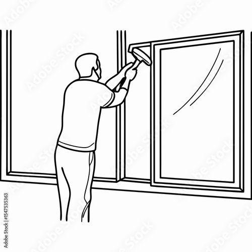 Cleaner wiping window with squeegee, man cleaning glass with solution. Cleaner wiping window thoroughly for better transparency, making area neat. Concept cleaner wiping window for household needs.