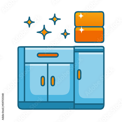 Clean and shiny kitchen illustration with blue counter and cleaning sponges, concept of the clean and shiny kitchen. Maintaining clean and shiny kitchen ensures hygiene and prevents buildup of grime.