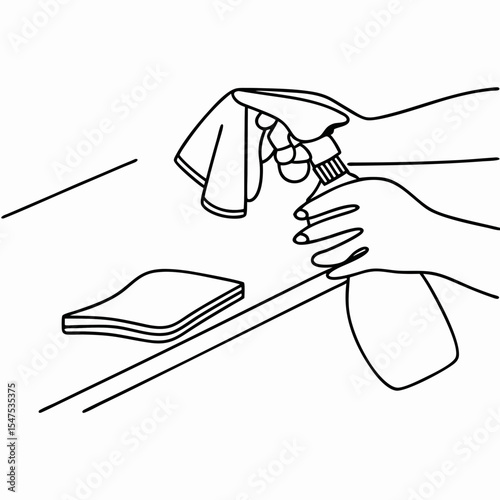 Cleaner sanitizing surfaces with spray and cloth in line drawing style. Cleaner sanitizing surfaces is an effective way to keep bacteria away. Use cleaner sanitizing surfaces to protect your family.