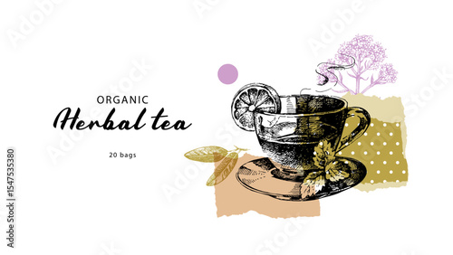 Herbal tea collage banner with vintage teacup and valerian flowers. Natural eco product. Hand drawn vector illustration.