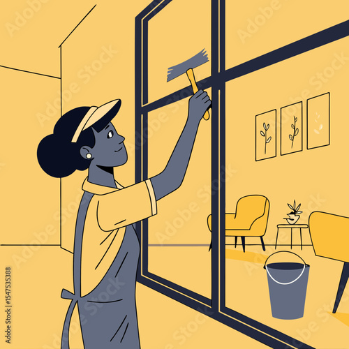 Cleaner wiping window shows a worker using squeegee on glass, cleaning a window in an office. Routine cleaner-wiping-window job includes clear glass, a bucket, and a visible interior,