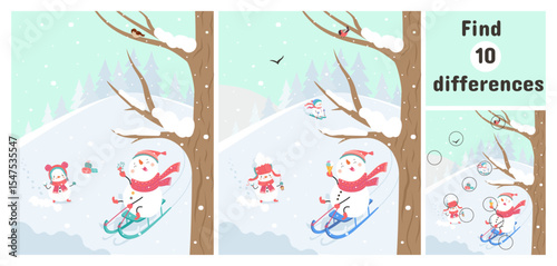 Find differences snowman game. Funny sledding and skiing winter characters. Development educational play for little children, nowaday vector template