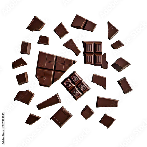 A top down view of scattered dark chocolate pieces on a plain black background creating a pattern