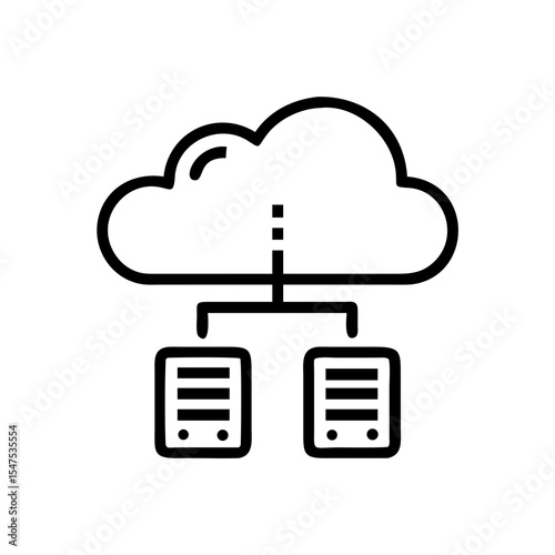 Cloud computing system with two servers connected to cloud storage. Data center infrastructure includes two powerful servers linked to cloud.