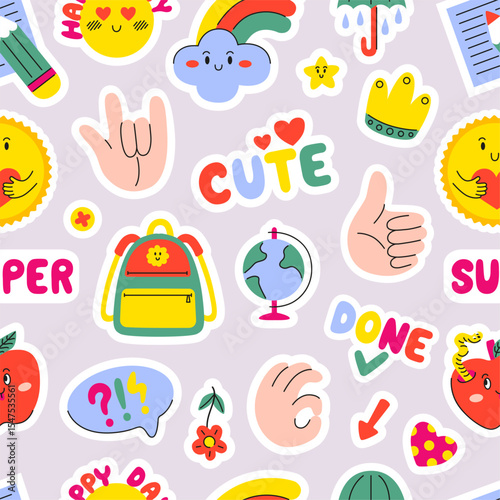 Funny stickers seamless pattern. Childish style print for fabric, planners backdrop, wrapping, website. Modern trendy design, neoteric vector background