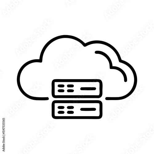 Cloud computing data center storage system. Data center infrastructure includes server racks and cloud computing symbol. Modern data center concept for presentations and infographics.