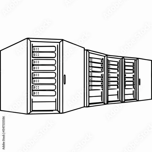 Modern data center with multiple server racks and open doors. Data center infrastructure includes high-tech equipment for data storage and processing.