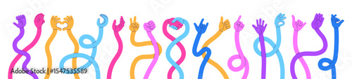 Stretched cartoon hands. Flexible human hand, long arm showing different gestures. Bright comic curved arms, handshake, love symbol, neoteric vector set