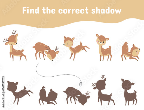 Find correct deer shadow. Children educational game with cute cartoon baby deers. Funny wild animal characters different poses, vector play template