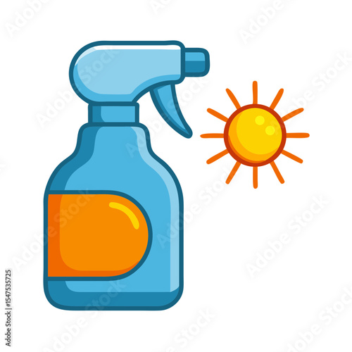 Sun protection spray bottle icon.  Summer sun protection concept for sunscreen product packaging design.  Bright sun protection spray bottle illustration perfect for cosmetic labels and advertising.