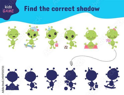 Find correct shadow children game. Cartoon aliens in different poses. Educational kids play with space characters, universe funny creatures, vector template