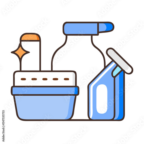 Eco-friendly cleaning products for sustainable home.  Eco cleaning supplies include spray bottle, detergent refill pouch, and cleaning solution bottle.