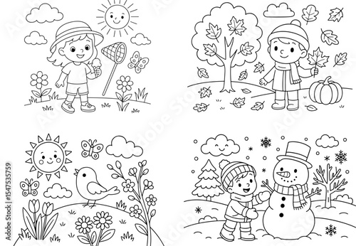 Four seasons, coloring, cheerful mood, doing interesting activities, nature