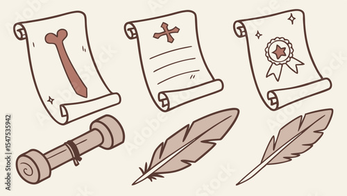 Hand-drawn vector illustration set of writing tools, fashion sketch icons, and seamless doodle patterns
