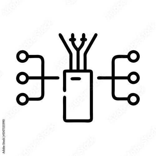 Fiber optic junction box with multiple connections. Network infrastructure illustration showing fiber cables connecting to central junction box.