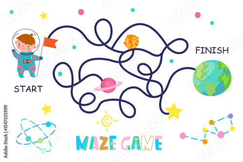 Simple maze game for children. Funny kid astronaut in spacesuit find way to Earth. Educational play for toddlers with cartoon space vector elements