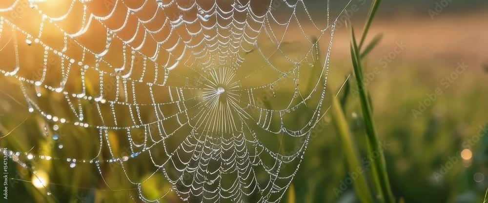 A spider web is shown with dew drops on it. The web is very intricate and has a lot of detail. The dew drops add a sense of freshness and tranquility to the scene
