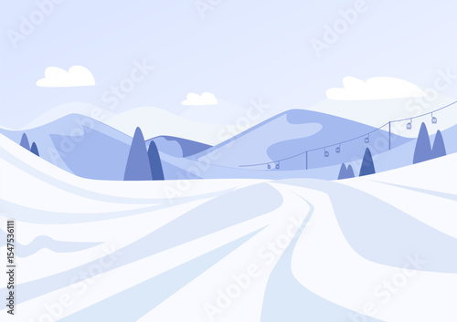 Winter ski resort landscape. Ski and snowboard slopes in mountains. Seasonal sport travel place on nature in forest and mountain, vector background