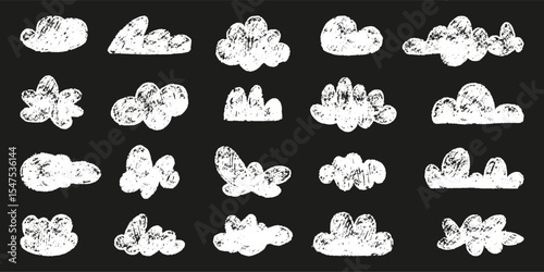 Chalk drawing clouds. White cloud icons crayon style painting, children draw naivy design. Weather nature icons, pencil doodle neoteric vector elements