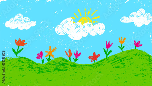 Color pencil nature landscape. Children crayon drawing style illustration. Green meadow, white clouds, sun and flowers. Neoteric vector scene