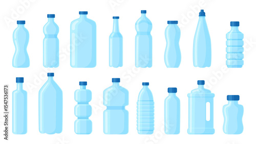 Cartoon empty plastic bottles. Containers for liquids, drinking and technical water. Aqua packaging shapes, beverages package, neoteric vector set
