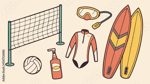 Sport illustration vector set: ice hockey stick and puck, cricket bat, basketball, and fish symbols