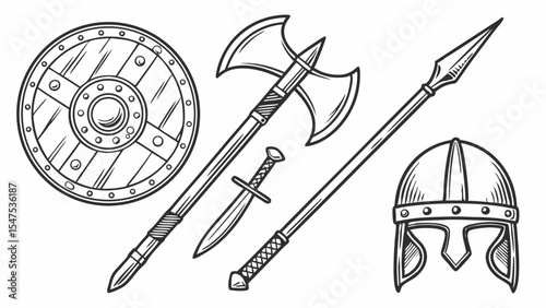 Vintage vector set of medieval sword and shield weapon icons