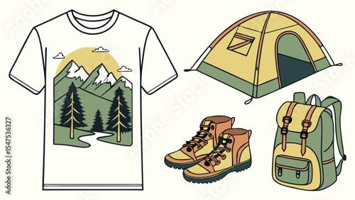Vector cartoon design set of summer camping icons with a cute tent and animal symbols