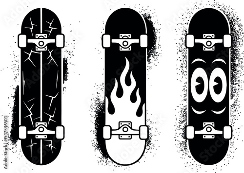 Three different skateboards are illustrated here. They are drawn in black and white. Each has a distinct design and spray paint effect