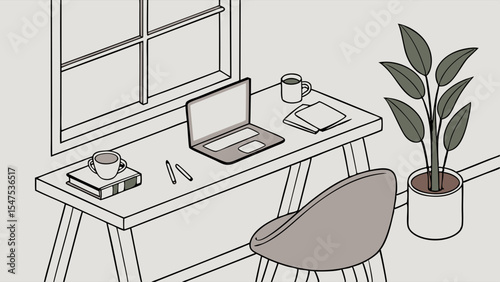 The interior of an empty, modern hotel room or home office features a desk with a computer, monitor, keyboard, and mouse, alongside a chair and other design furniture