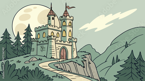 Fantasy vector illustration of an old medieval castle building in a forest with a towering sky