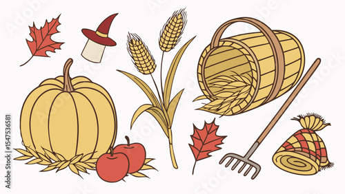 Autumn harvest still life featuring pumpkins, gourds, and fall leaves perfect for Thanksgiving and Halloween designs