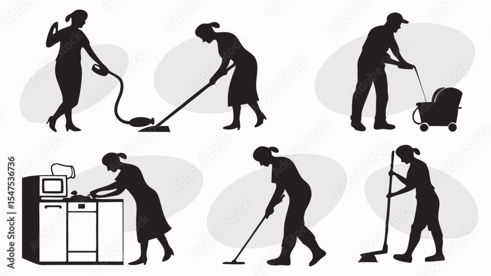 Obraz premium Black White Silhouette Illustrations People Cleaning Vacuuming Sweeping Mopping