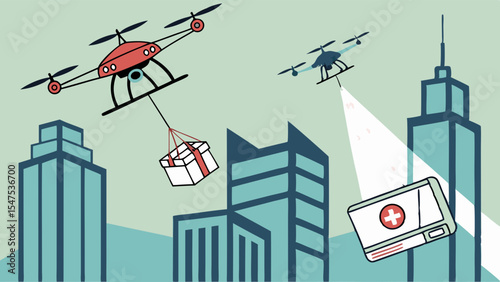 Illustration Futuristic Urban Healthcare Drone Delivery Medical Logistics Technology City Skyline
